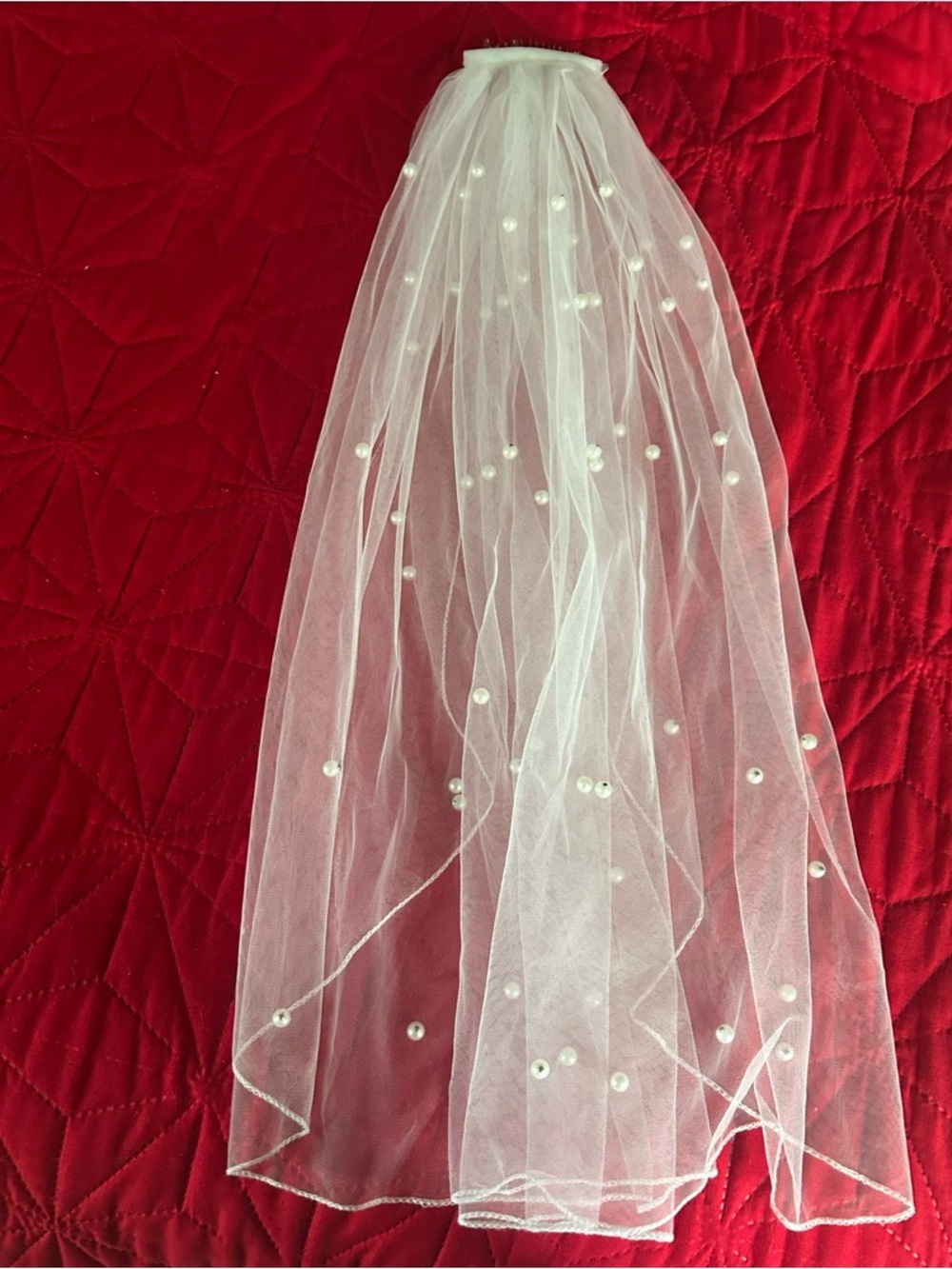 ☀️Beautiful Veil with Comb Pearl beaded White Tulle Wedding Veil - Picture 2 of 5
